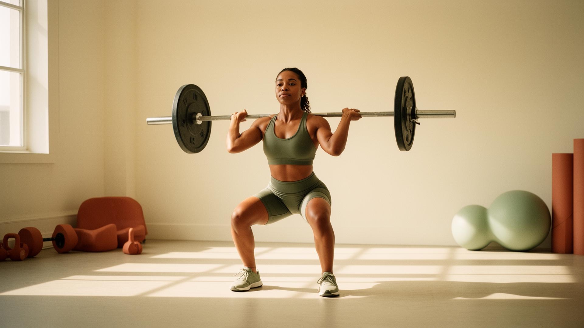 A focused athlete performing a back squat in a bright, calm studio